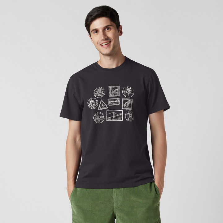 Natural Dye Graphic Tee Stamps front on model