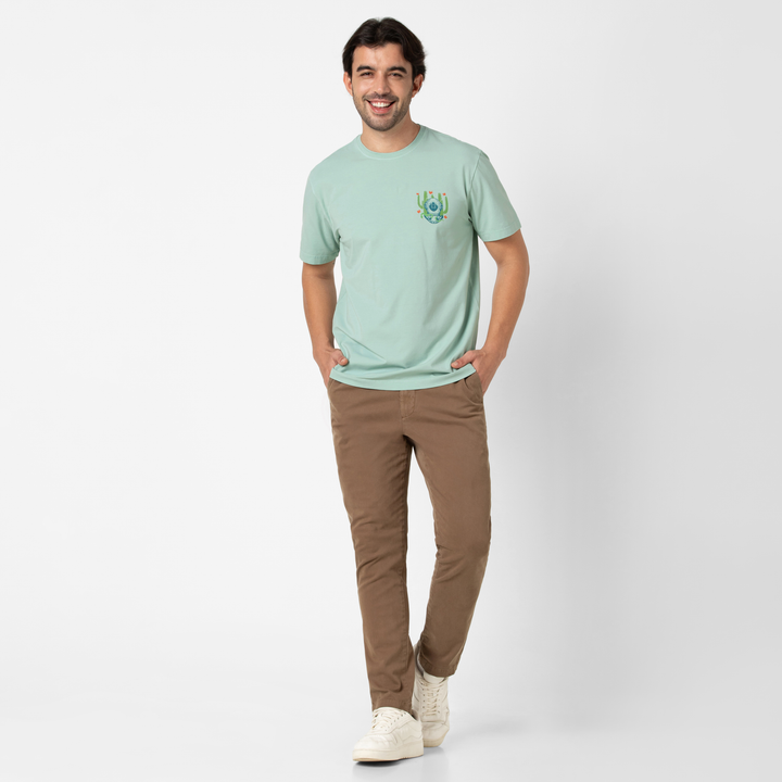 Natural Dye Graphic Tee Desert Diver full body on model