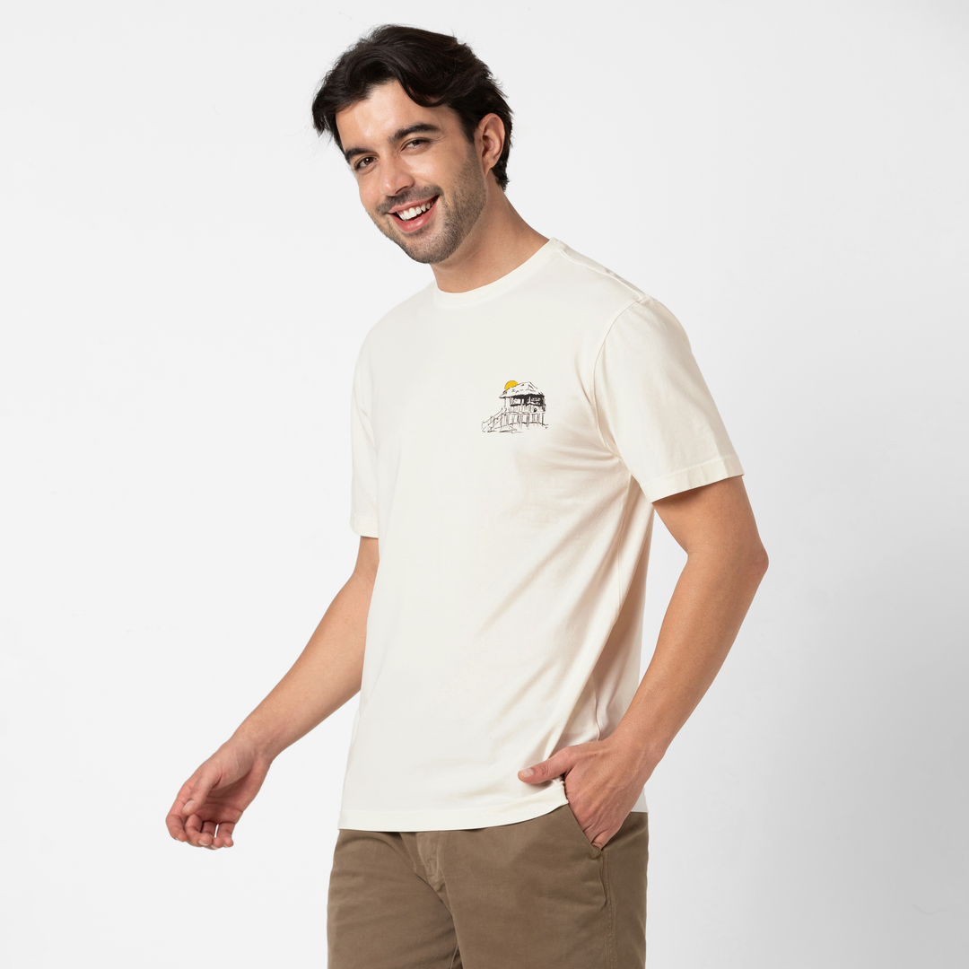 Natural Dye Graphic Tee Location Unknown side on model