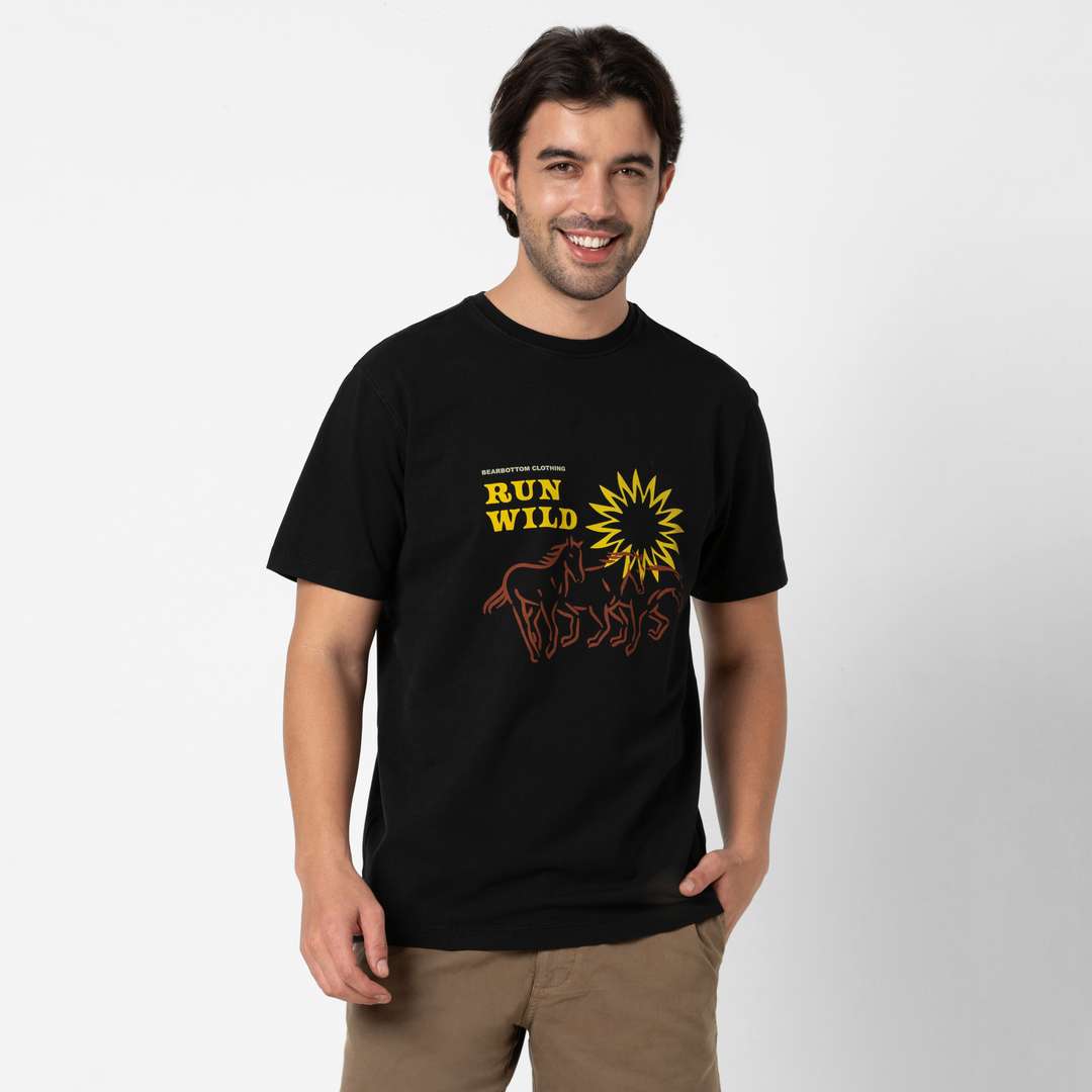 Natural Dye Graphic Tee Run Wild front on model