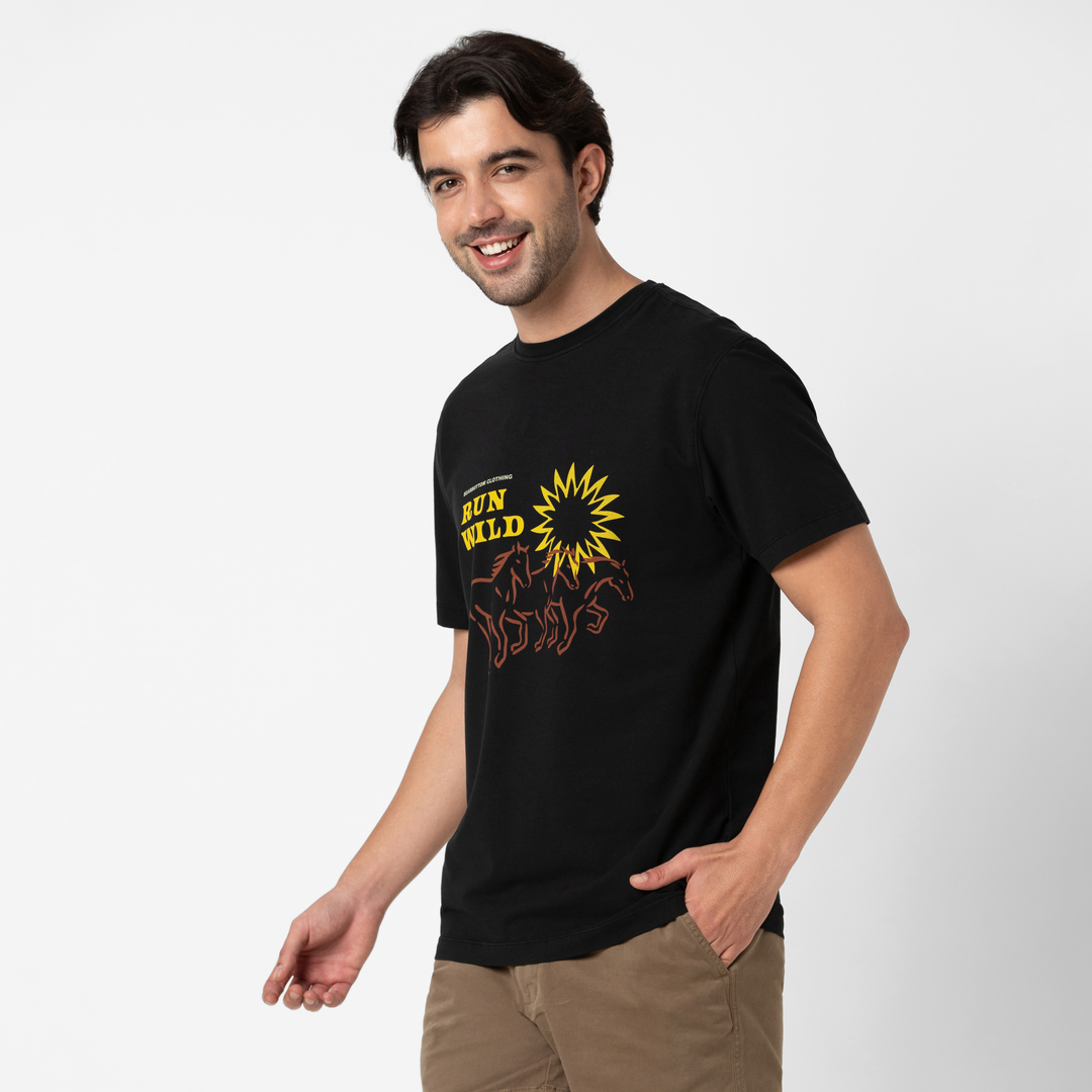 Natural Dye Graphic Tee Run Wild side on model