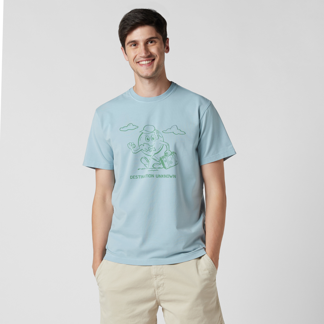 Natural Dye Graphic Tee World Traveler front on model