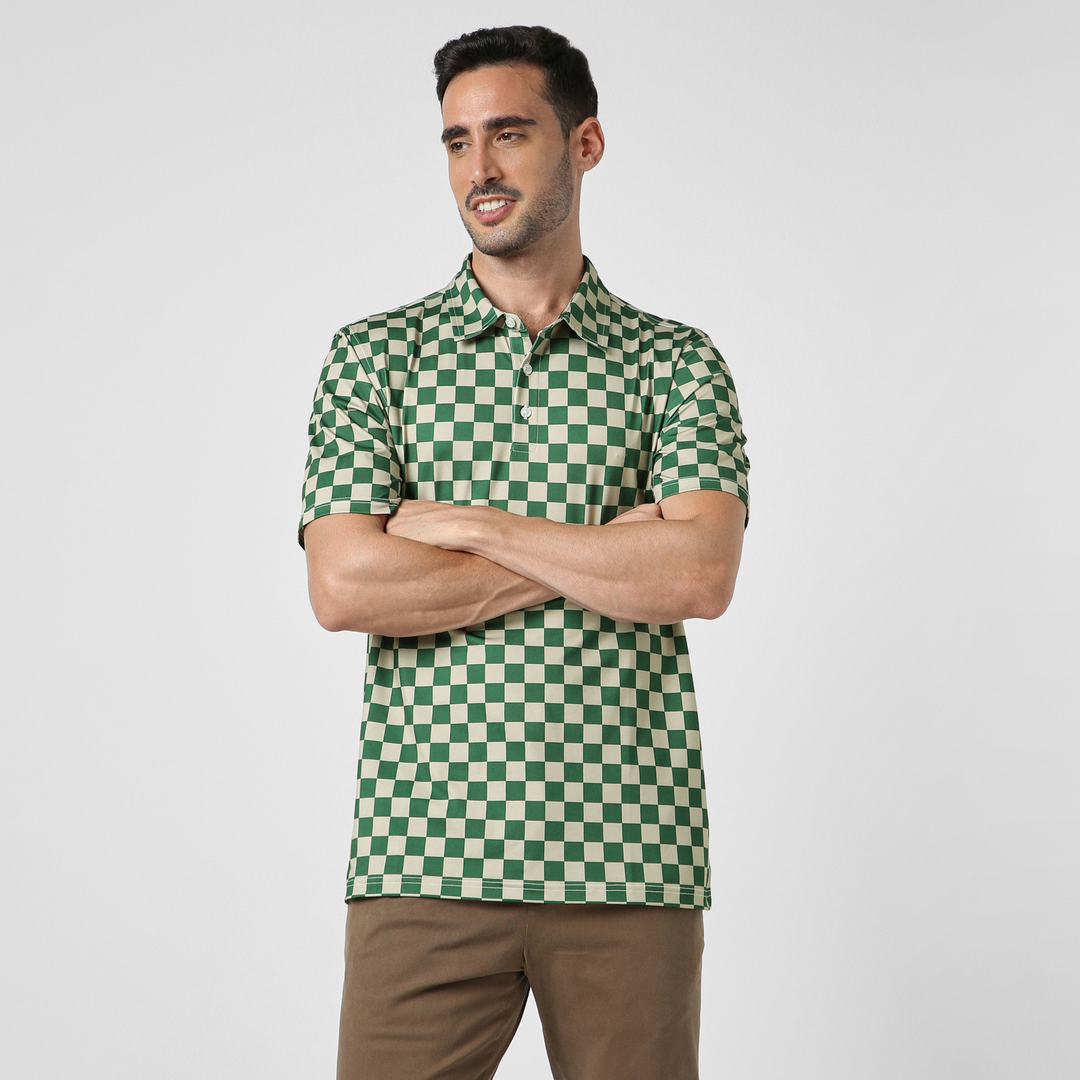 Performance Polo Green Checkers front on model