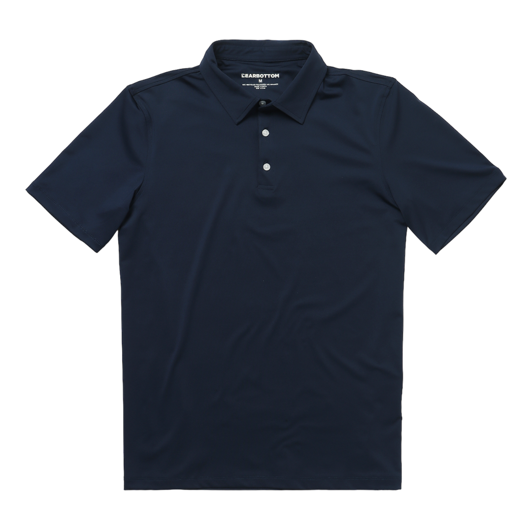 Performance Polo Navy front with collar, short sleeves, and 3 buttons.