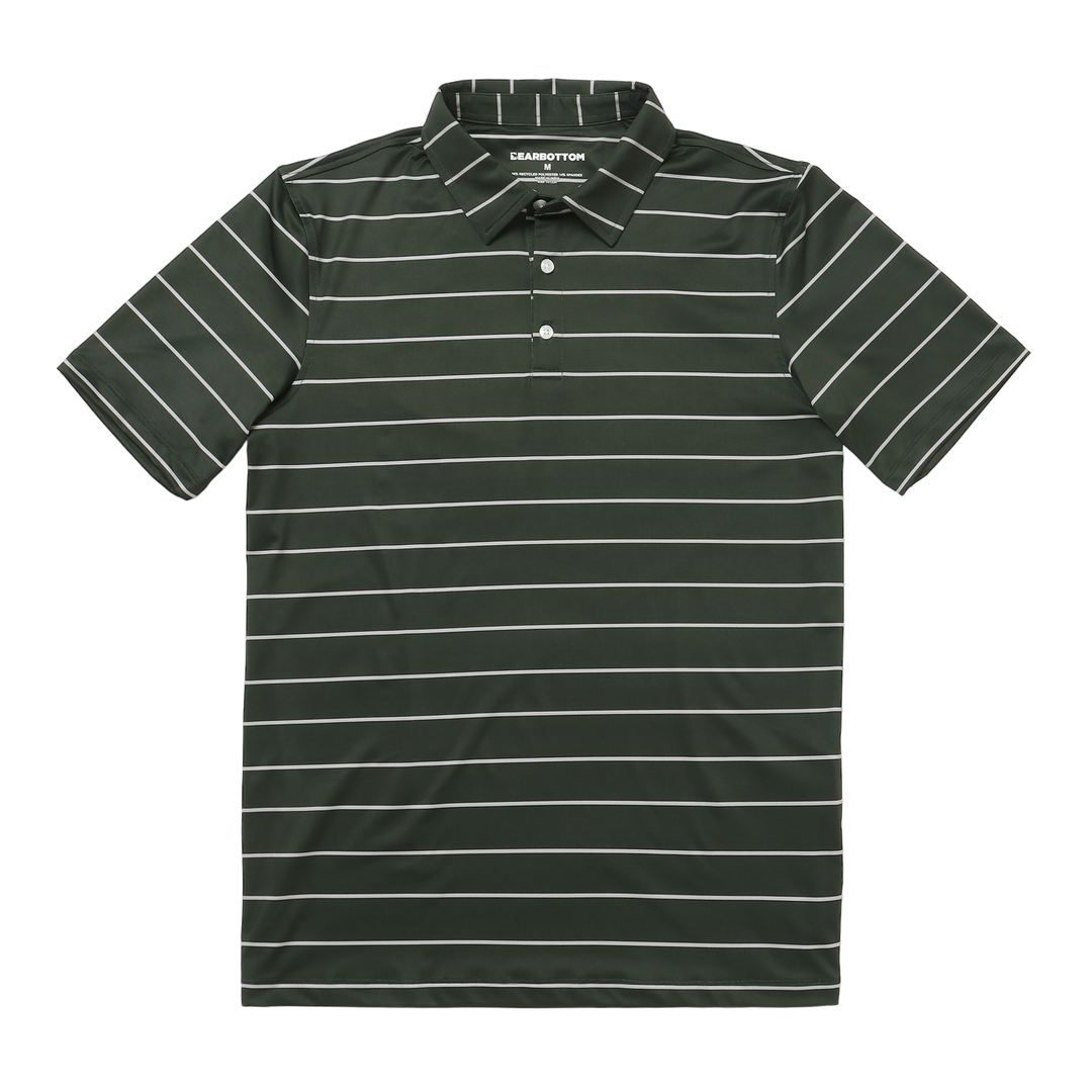 Performance Stripe Polo Forest Stripe front with collar, short sleeves, and 3 buttons