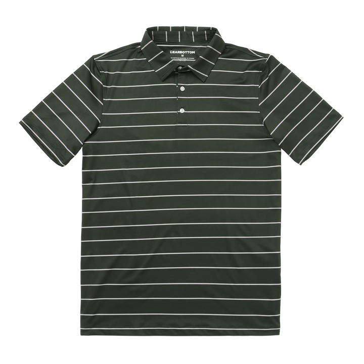 Performance Stripe Polo Forest Stripe front with collar, short sleeves, and 3 buttons