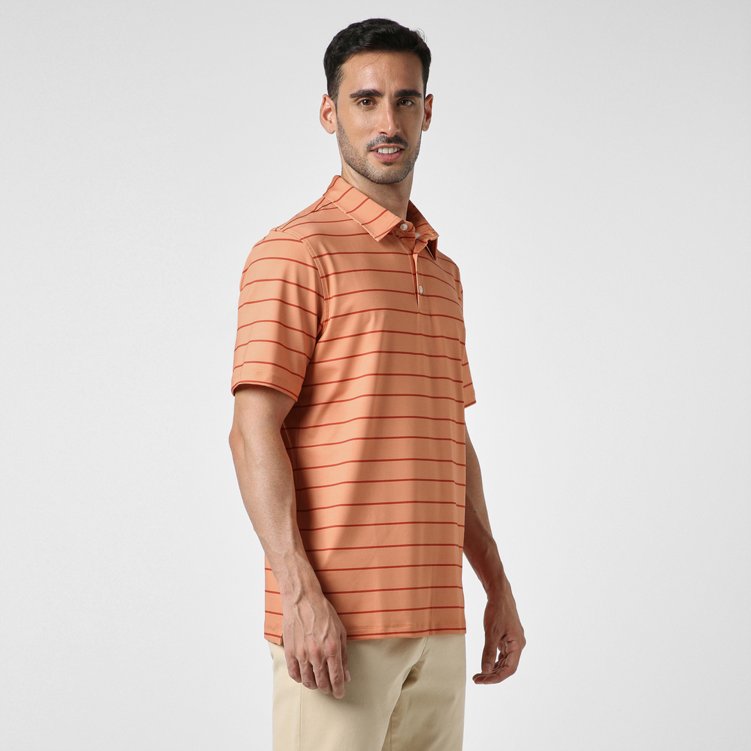 Performance Stripe Polo Peach Stripe side on model