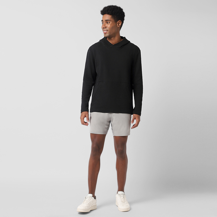 Roam Hoodie Black full body on model worn with Run Short v2 Grey