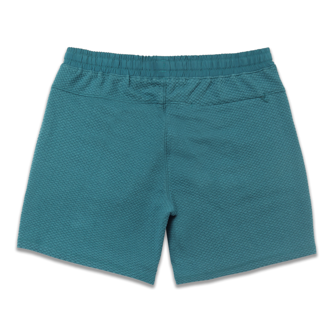 Roam Short 7" Dark Teal back with elastic waistband and back right hidden zipper pocket