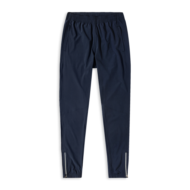 Run Jogger Navy front with Elastic Waistband, Zippered Side Pockets, Zipper at ankles, and Reflective strip at side seam/bottom hem