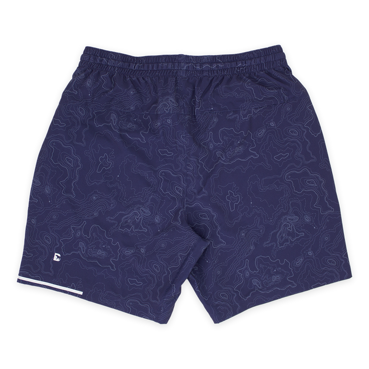 Run Short v2 7" Topo Navy back with elastic waistband, back right hidden zipper pocket, reflective line on bottom left hem, and reflective Bear B logo on bottom left leg