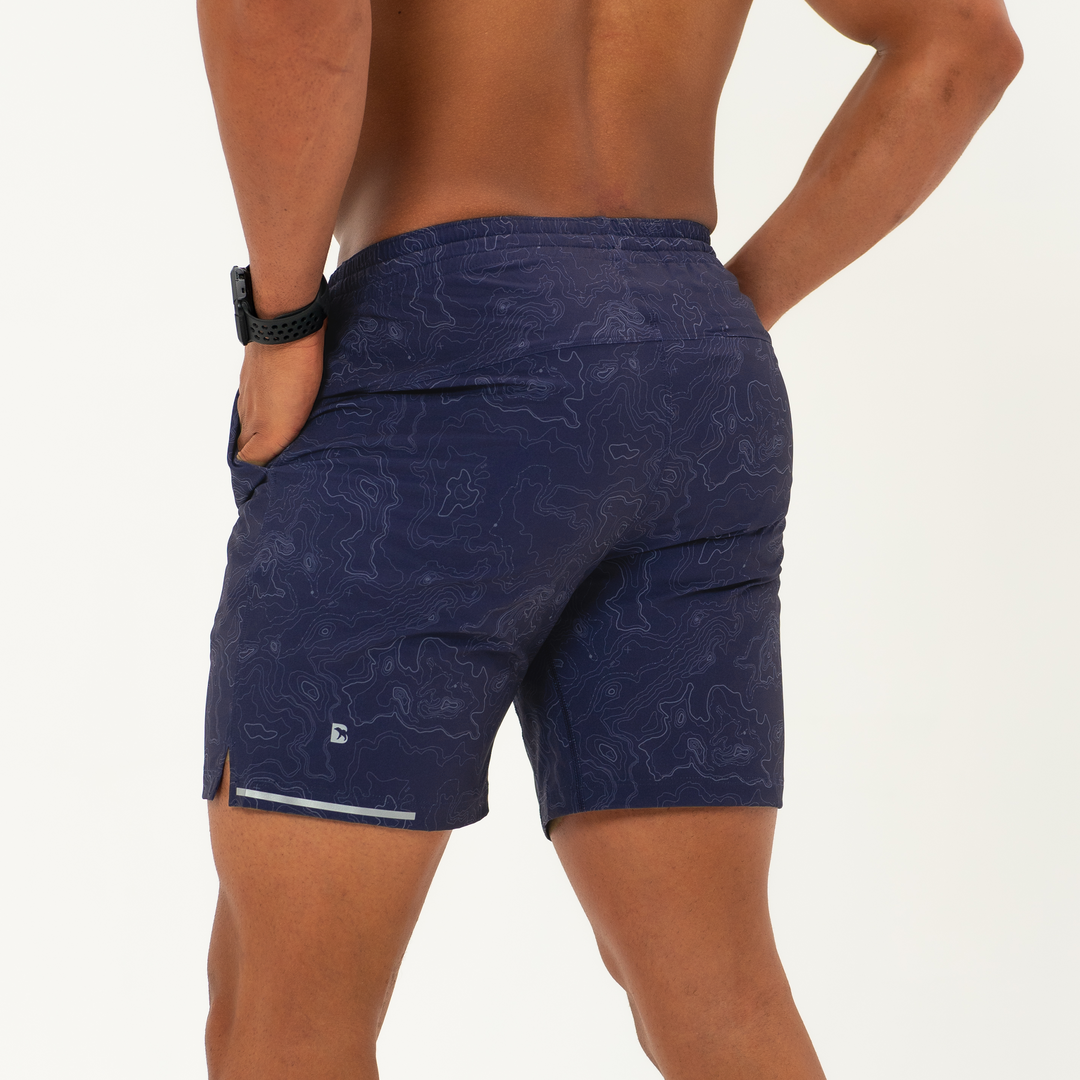 Run Short v2 7" Topo Navy back on model