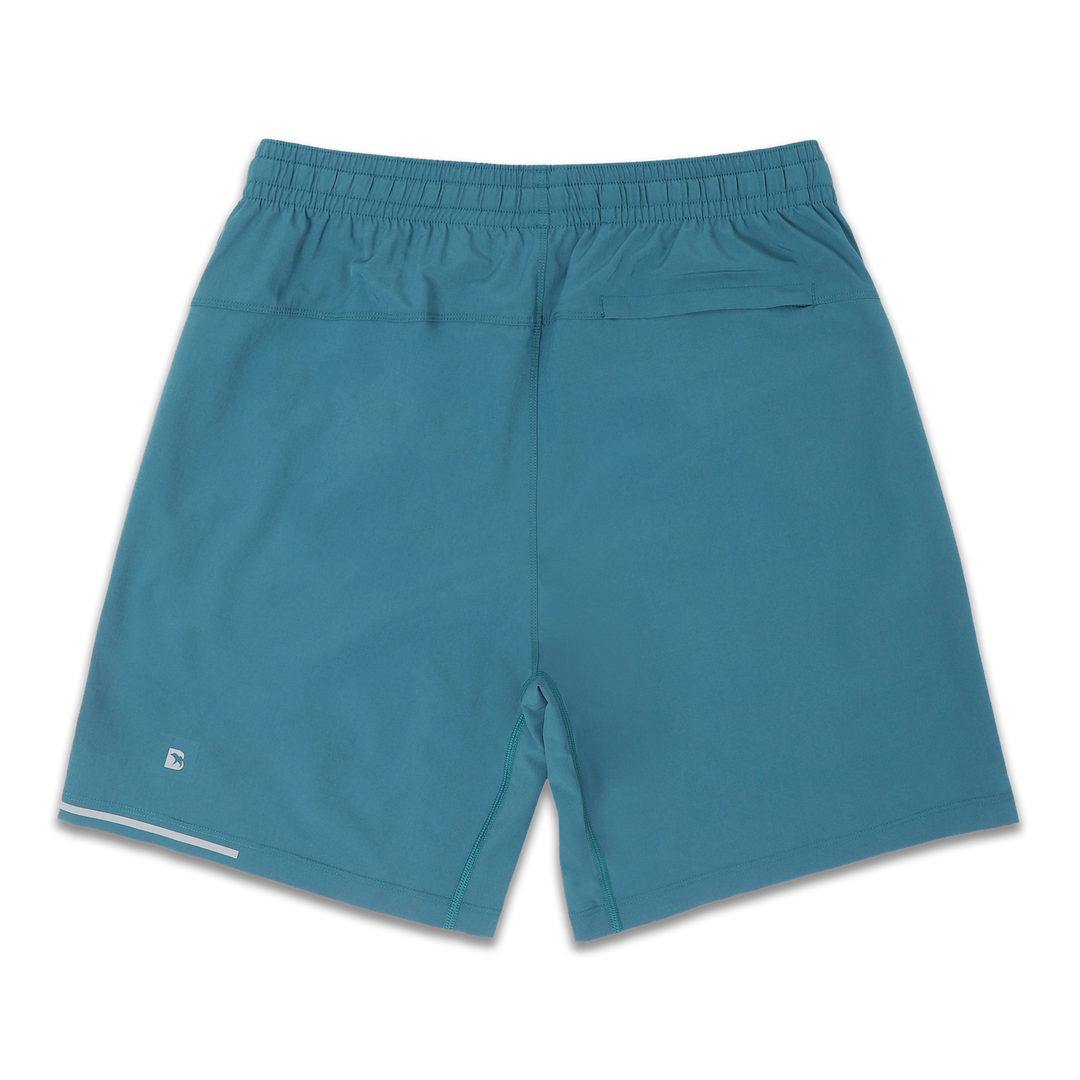 Run Short v2 7" Bright Ocean back with elastic waistband, back right hidden zipper pocket, reflective line on bottom left hem, and reflective Bear B logo on bottom left leg