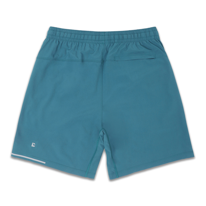 Run Short v2 7" Bright Ocean back with elastic waistband, back right hidden zipper pocket, reflective line on bottom left hem, and reflective Bear B logo on bottom left leg