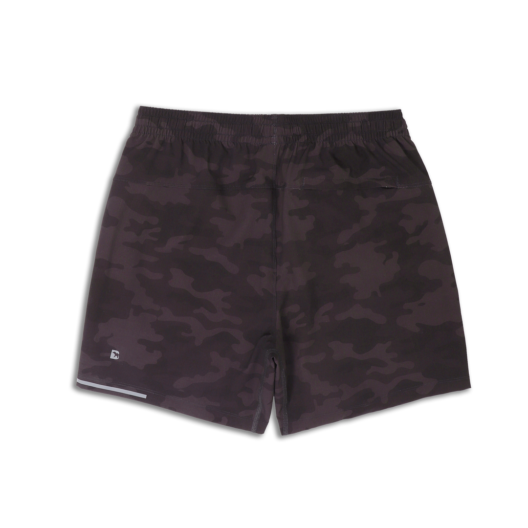 Run Short v2 7" Camo Black back with elastic waistband, back right hidden zipper pocket, reflective line on bottom left hem, and reflective Bear B logo on bottom left leg