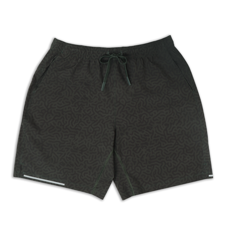 Run Short v2 7" Maze Green front with elastic waistband, dyed-to-match drawstring with rubberized tips, two front pockets, split hem, and reflective line on bottom right hem