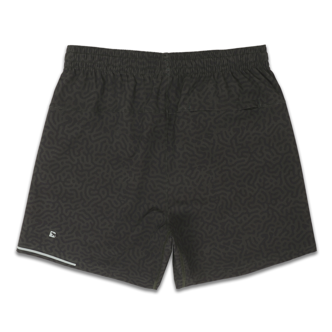 Run Short v2 7" Maze Green back with elastic waistband, back right hidden zipper pocket, reflective line on bottom left hem, and reflective Bear B logo on bottom left leg