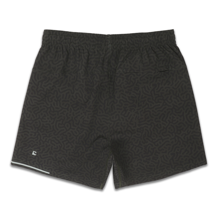Run Short v2 7" Maze Green back with elastic waistband, back right hidden zipper pocket, reflective line on bottom left hem, and reflective Bear B logo on bottom left leg