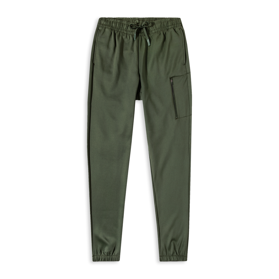 Scuba Jogger Military Green front with thigh zip pocket and ribbed cuffs