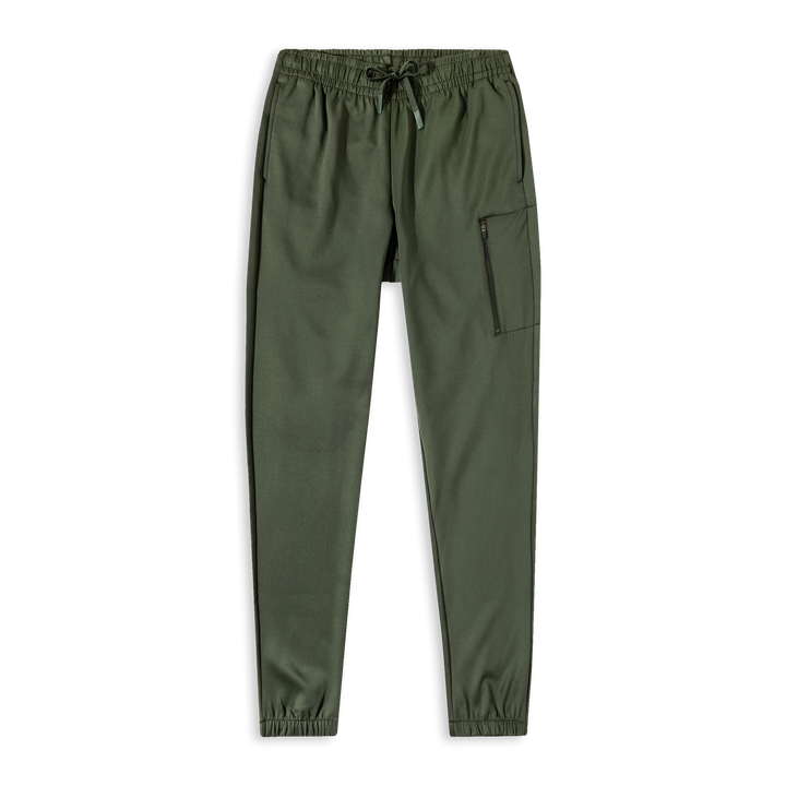Scuba Jogger Military Green front with thigh zip pocket and ribbed cuffs