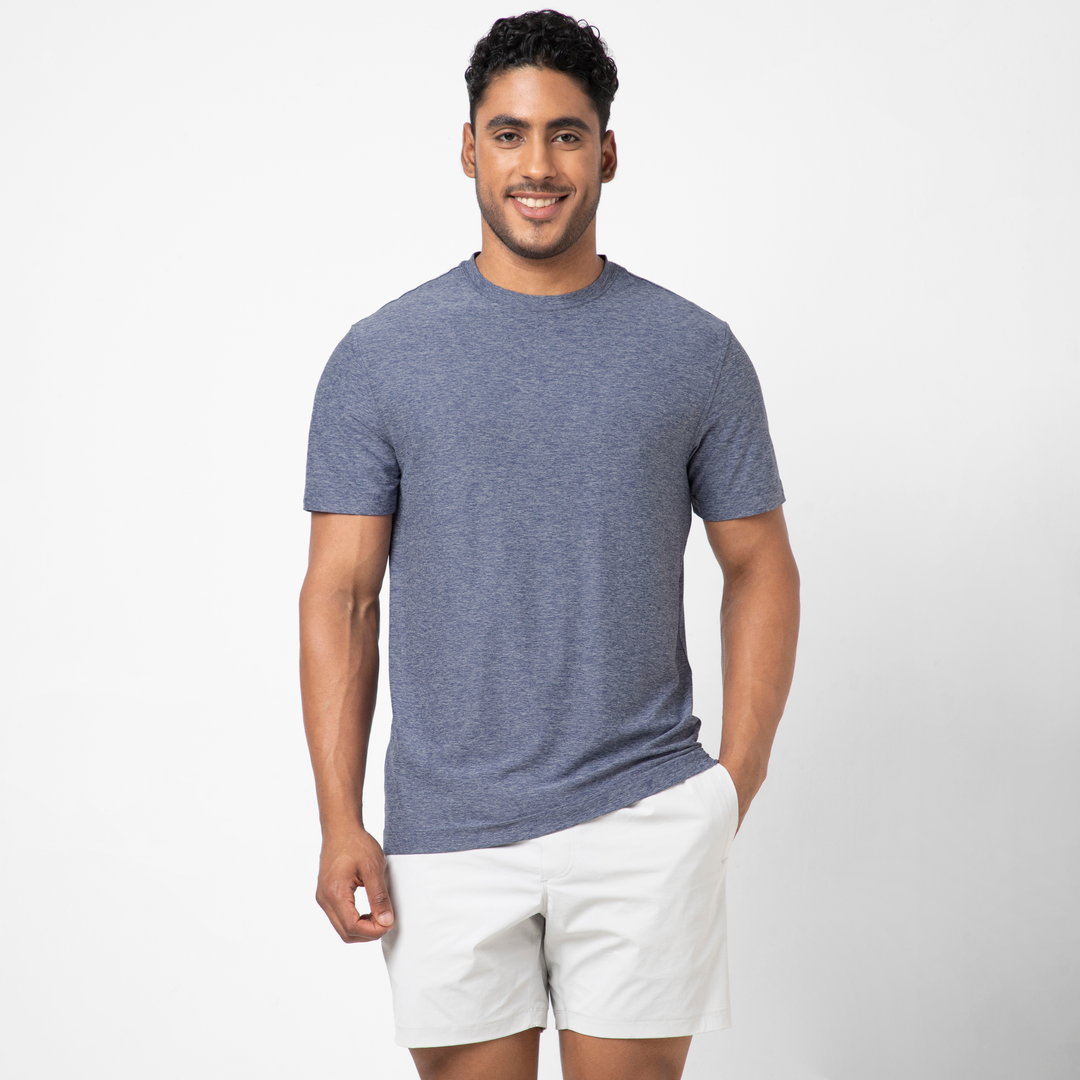 Short Sleeve Tech Tee Denim front on model