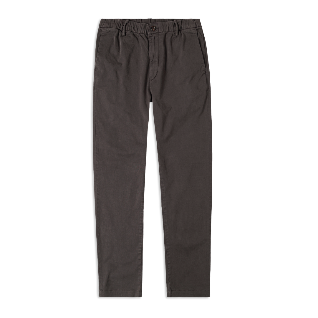 Stretch Chino Pant Coal flat with elastic waistband, belt loops, and zipper fly