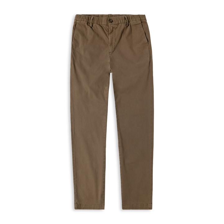 Stretch Chino Pant Desert flat with elastic waistband, belt loops, and zipper fly
