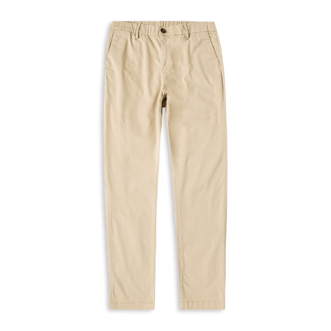 Stretch Chino Pant Sand Dune flat with elastic waistband, belt loops, and zipper fly #sand-dune