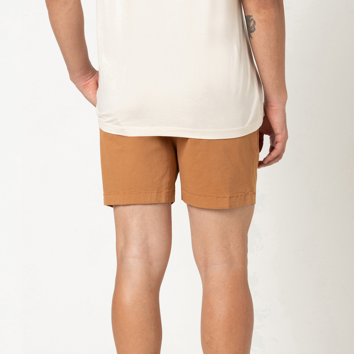 Stretch Chino Short Dark Clay back on model