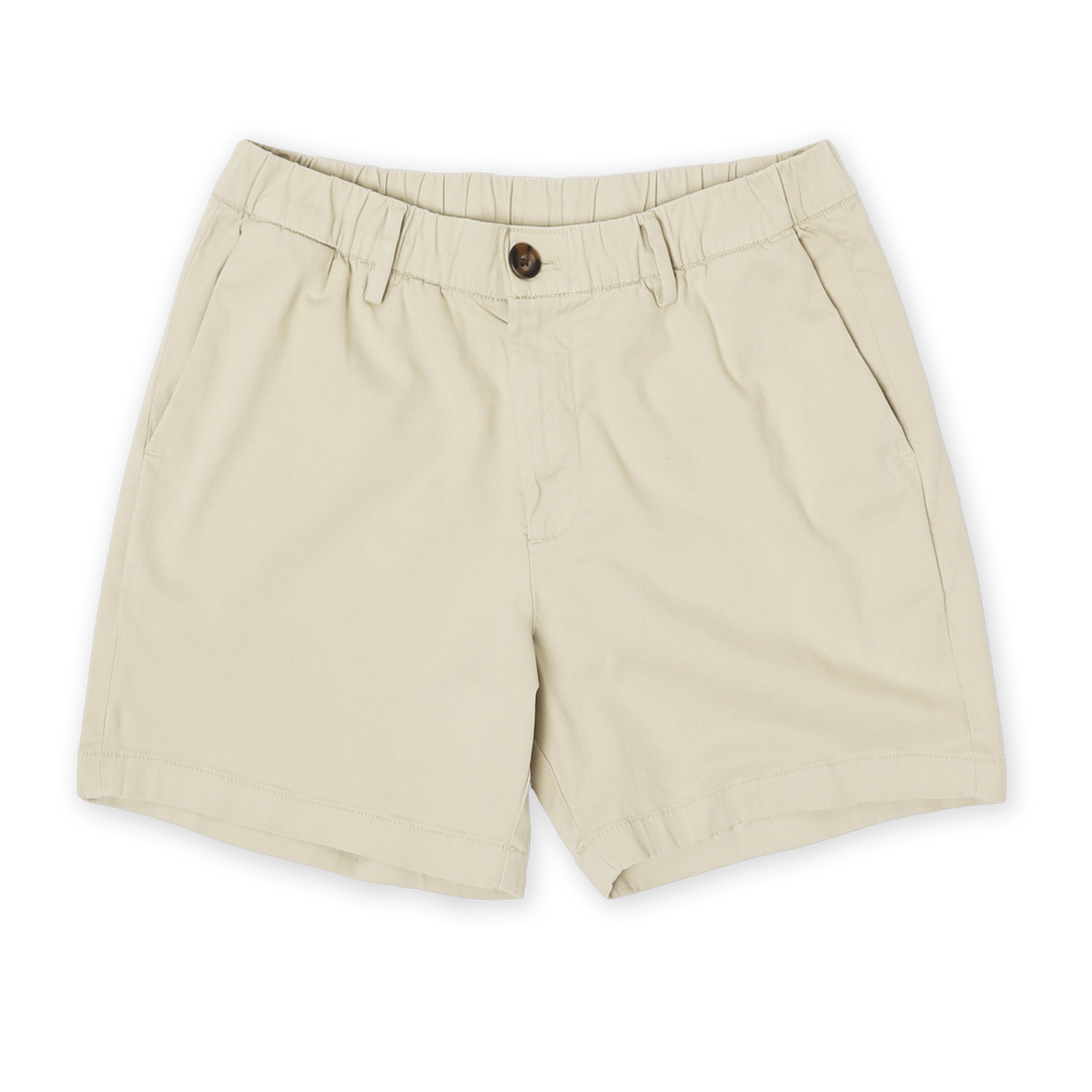 Stretch Chino Short 5.5" in Stone front with elastic waistband, belt loops, buttoned fly, and two slant pockets