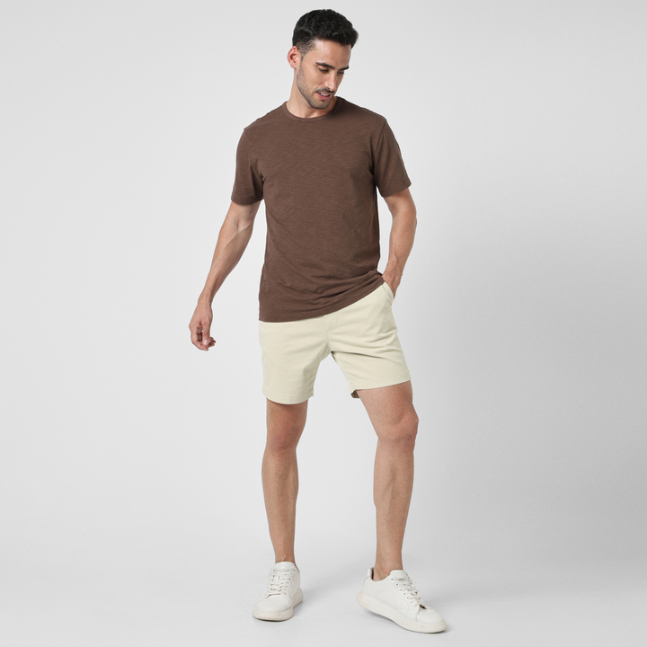 Stretch Chino Short 7" in Stone full body on model