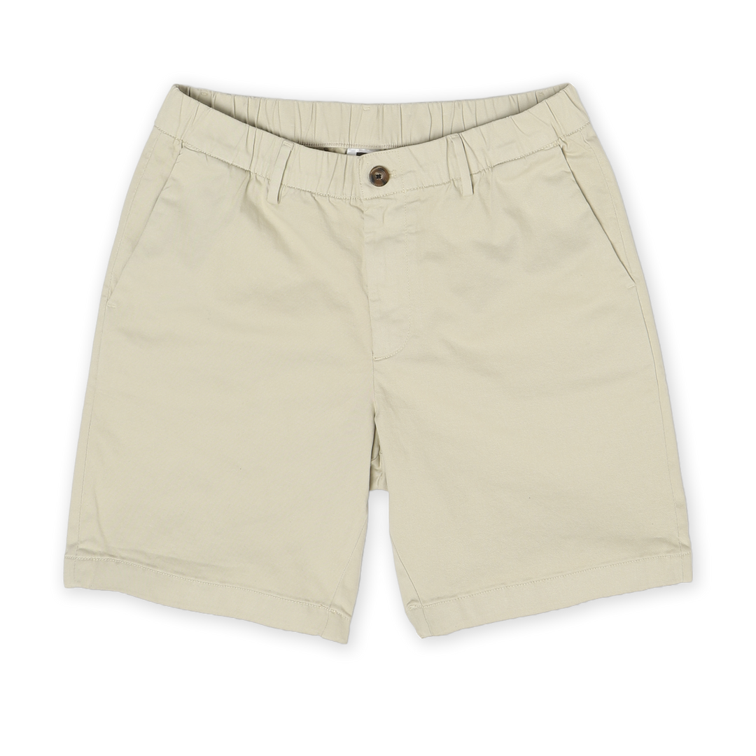Stretch Chino Short 7" in Stone front with elastic waistband, belt loops, buttoned fly, and two slant pockets