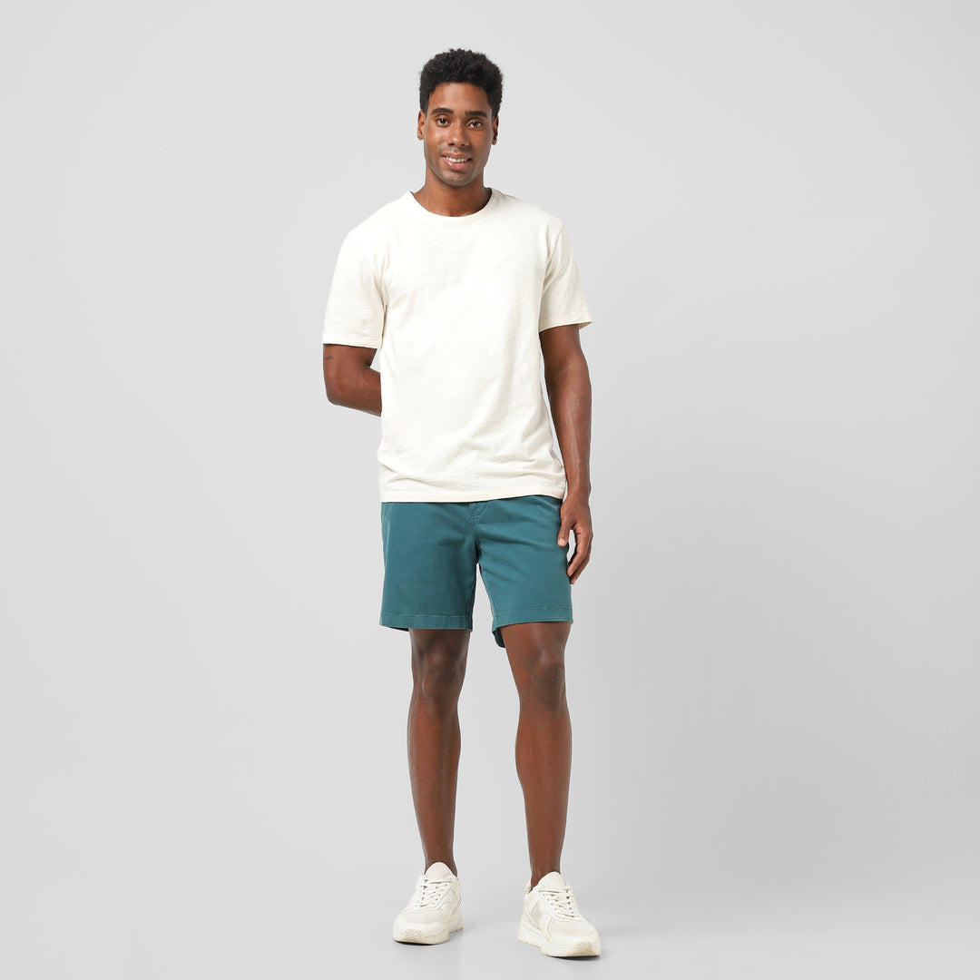 Stretch Short 7" Dark Teal front on model worn with Slub Tee Ecru