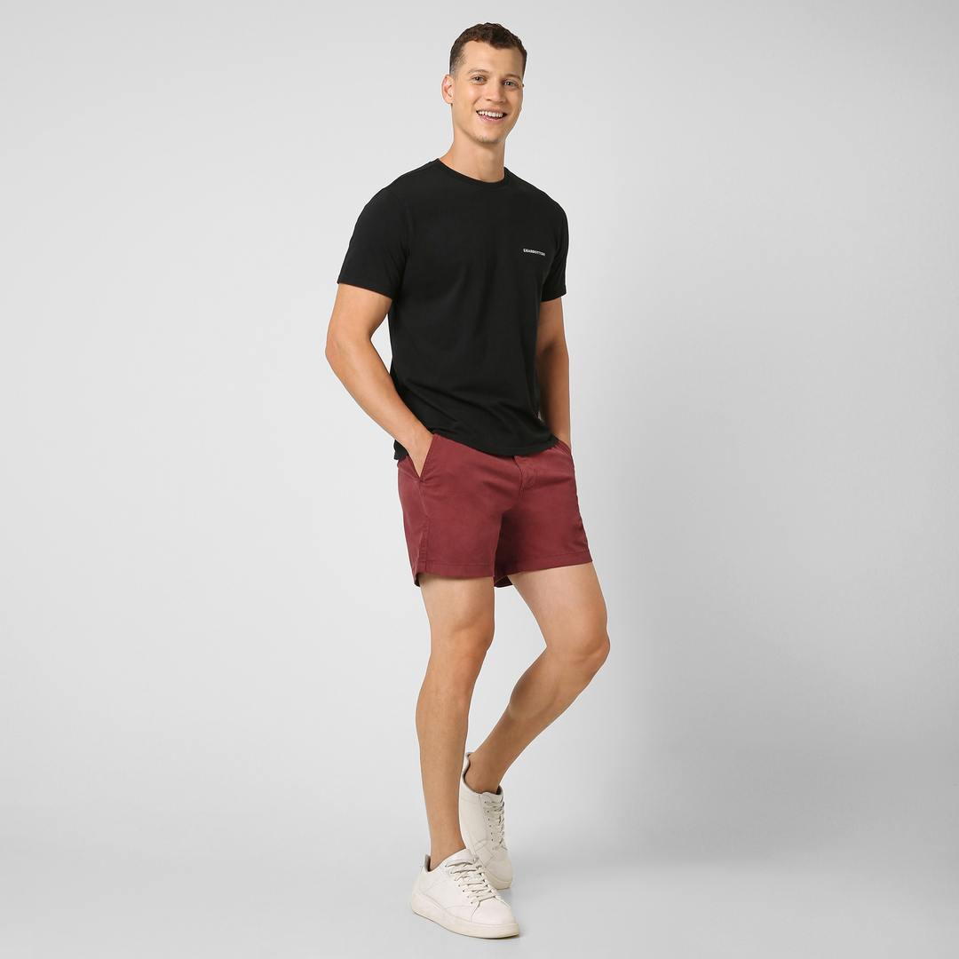 Stretch Short 5.5" Dark Maroon front on model worn with Natural Dye Logo Tee Black