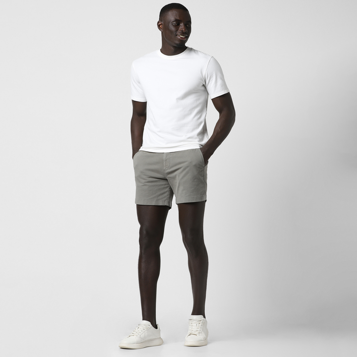Stretch Short 5.5" Grey full body on model worn with Natural Dye Tee White