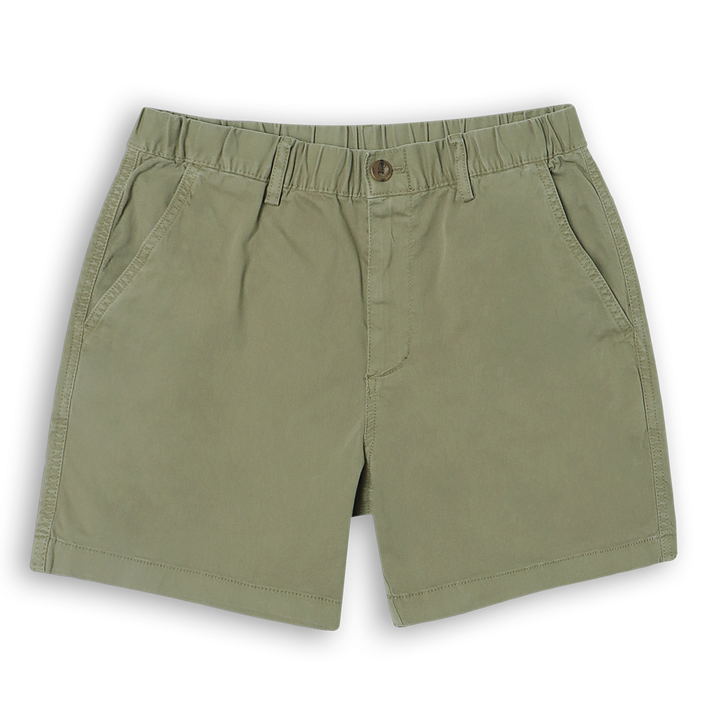 Stretch Short 5.5" Olive front with elastic waistband, belt loops, slant side pockets, and zipper fly
