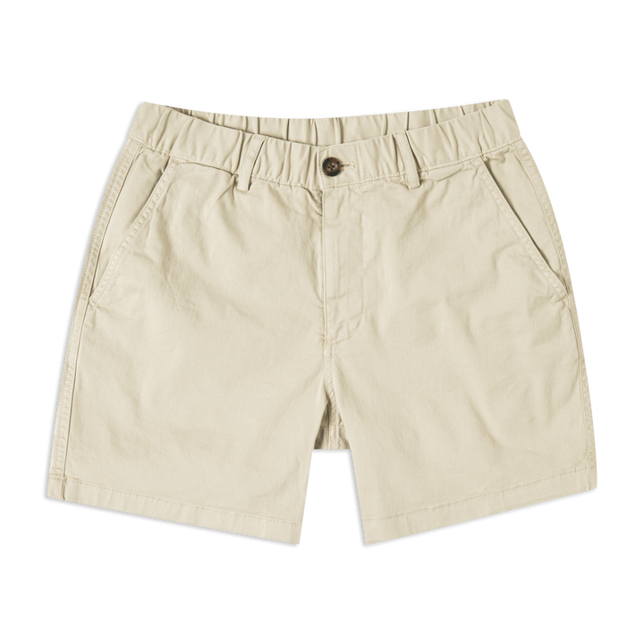 Stretch Short 5.5" Stone front with elastic waistband, belt loops, slant side pockets, and buttoned zipper fly
