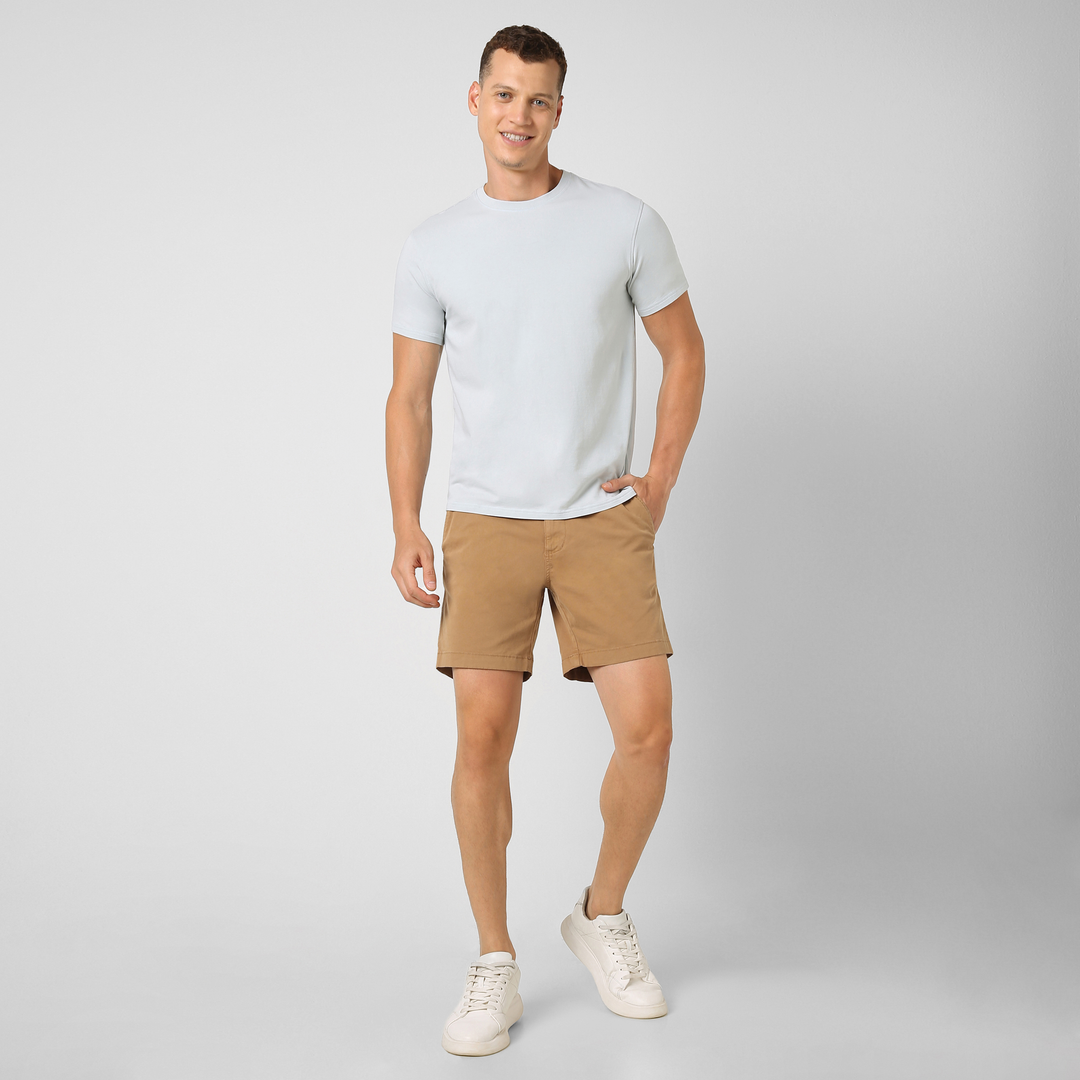 Stretch Short 7" Camel front on model worn with Natural Dye Tee Light Blue