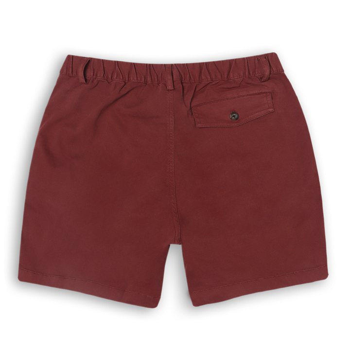 Stretch Short 7" Dark Maroon back with elastic waistband, belt loops, and back right buttoned flap pocket