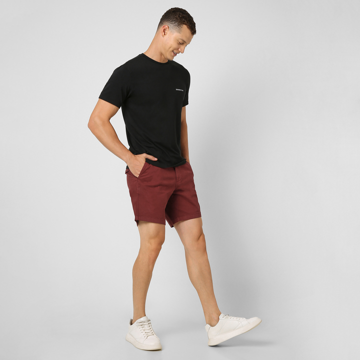 Stretch Short 7" Dark Maroon front on model worn with Natural Dye Logo Tee Black