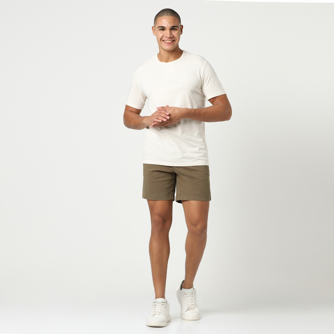 Stretch Short 7" Desert front on model worn with Supima Tee Ecru