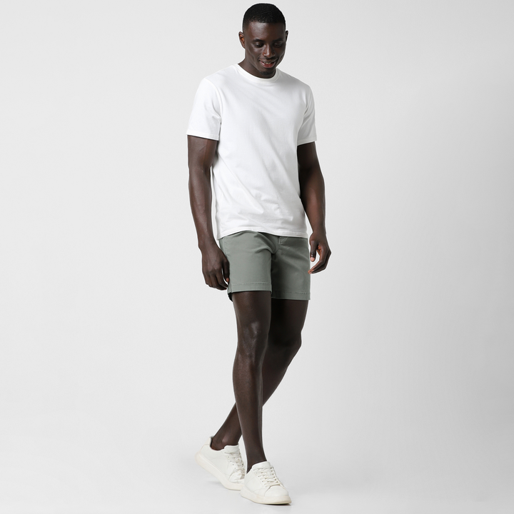 Stretch Short 7" Grey full body on model worn with Natural Dye Tee White