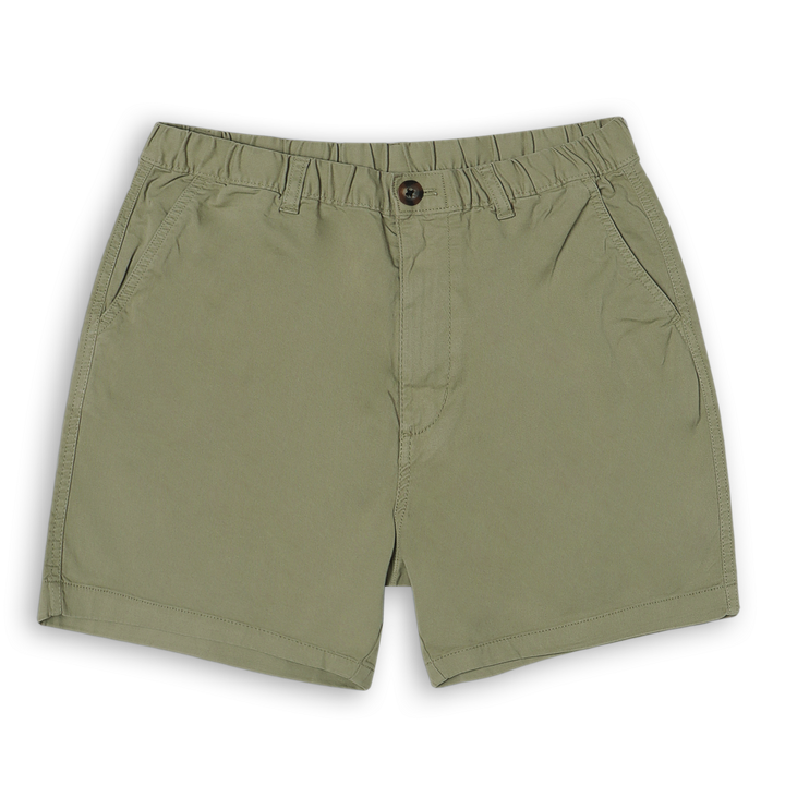 Stretch Short 7" Olive front with elastic waistband, belt loops, slant side pockets, and zipper fly