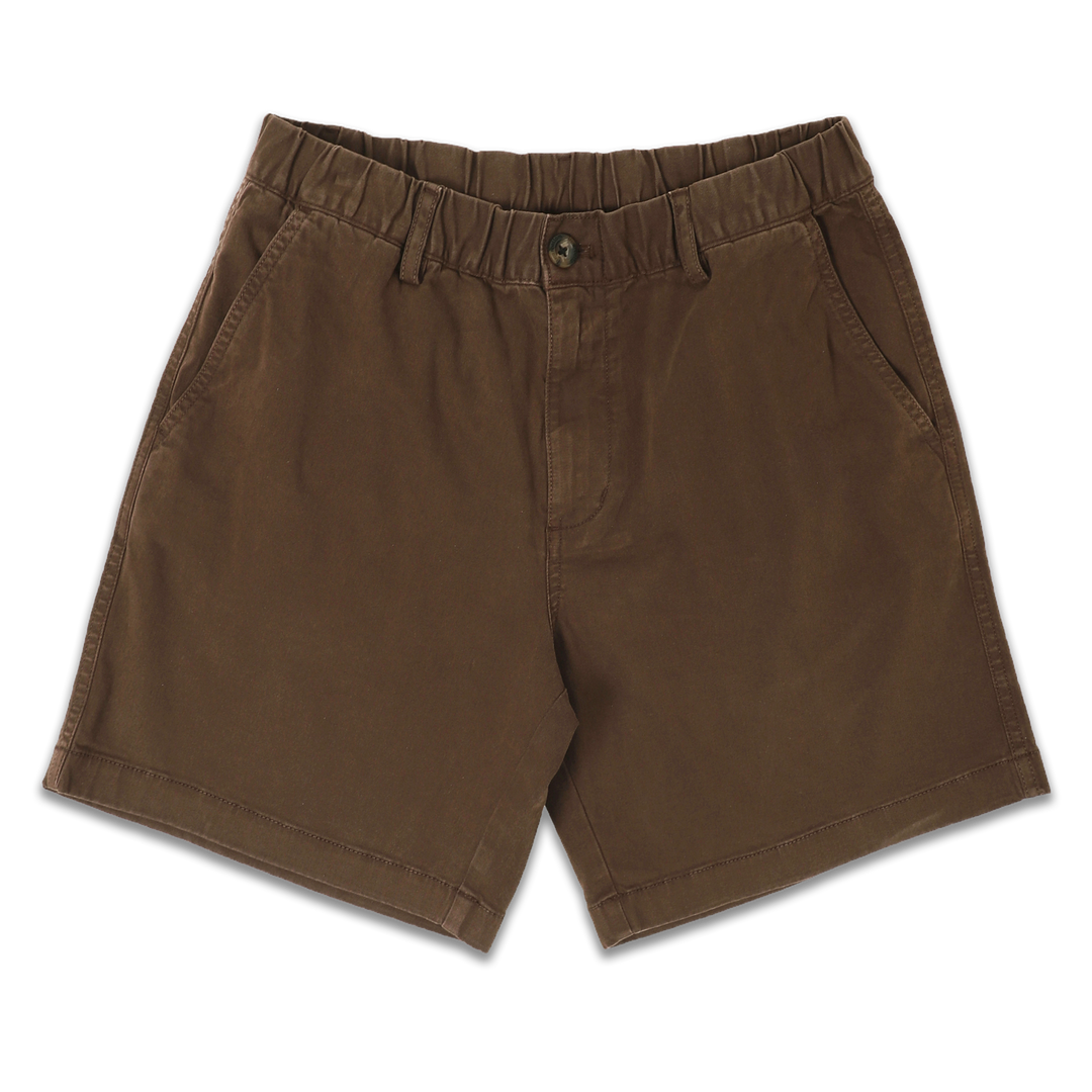 Stretch Short 7" Cocoa front with elastic waistband, belt loops, zipper fly, faux horn button, and two inseam pockets