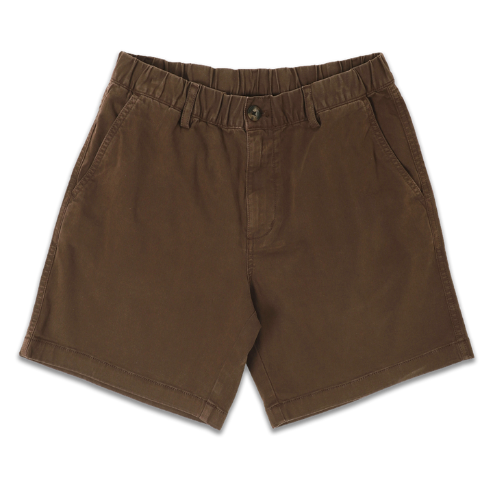 Stretch Short 7" Cocoa front with elastic waistband, belt loops, zipper fly, faux horn button, and two inseam pockets