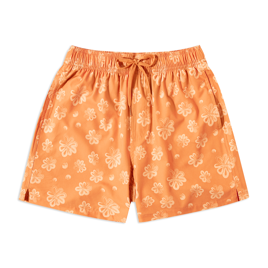 Stretch Swim 5.5" Bloom front with elastic waistband, orange drawstring, and side seam pockets
