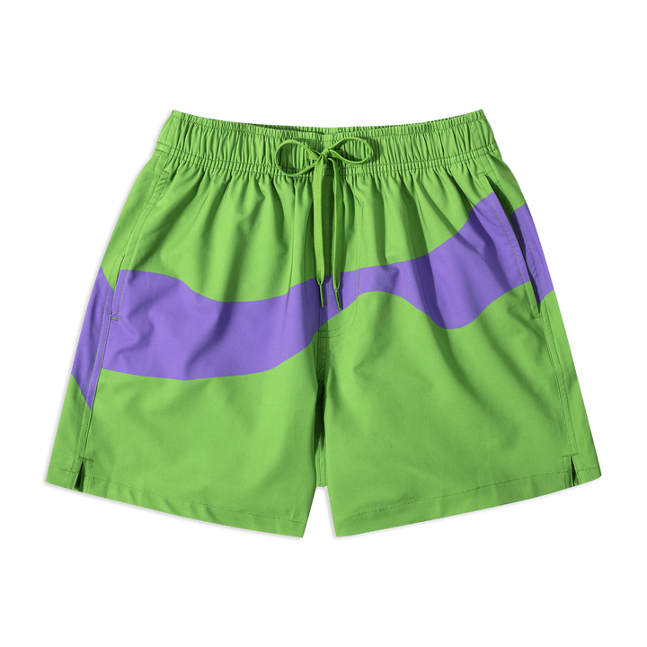 Stretch Swim 5.5" Current front with elastic waistband, green drawstring, and side seam pockets