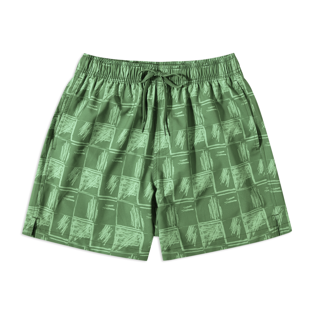 Stretch Swim 5.5" Everglades front with elastic waistband, green drawstring, and side seam pockets