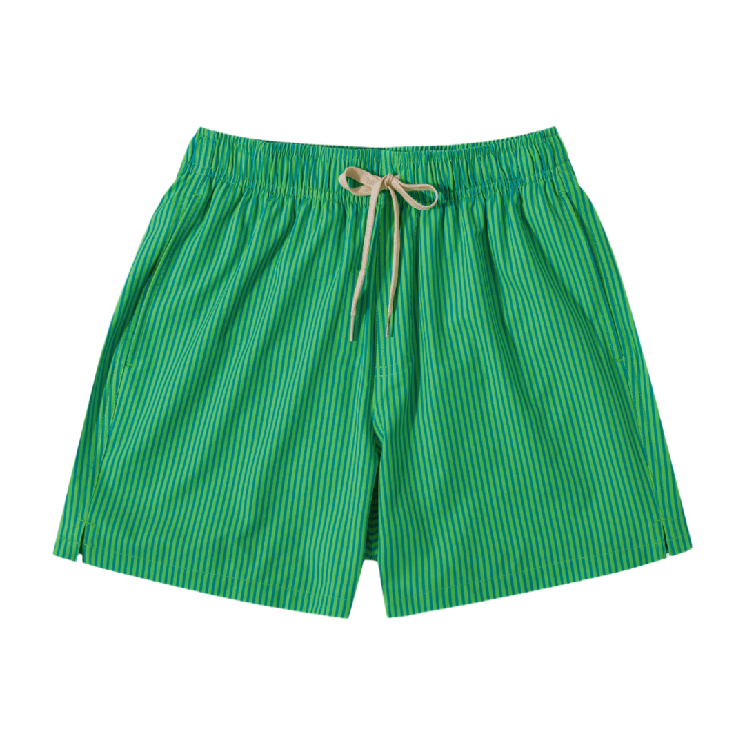 Stretch Swim 5.5" Gulf Stripe front with elastic waistband, off white drawstring, and two side seam pockets