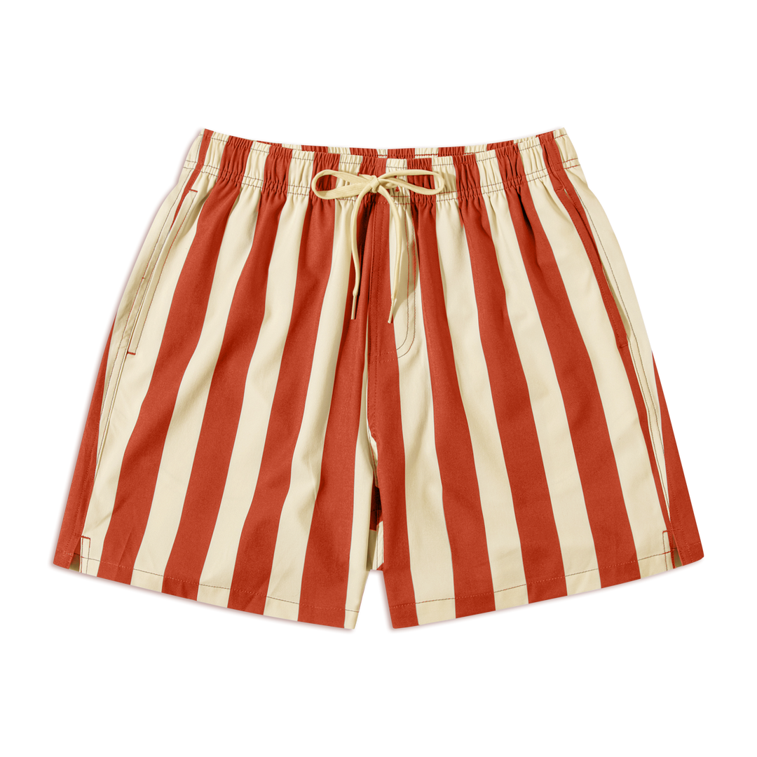 Stretch Swim 5.5" Hampton Stripe front with elastic waistband, off white drawstring, and two side seam pockets